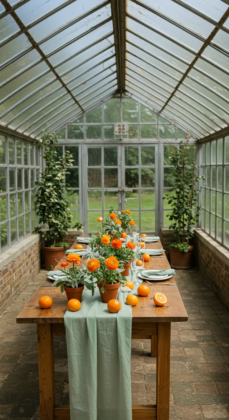 Table en bois dans une serre, décorée de renoncules orange en pot et d'oranges.