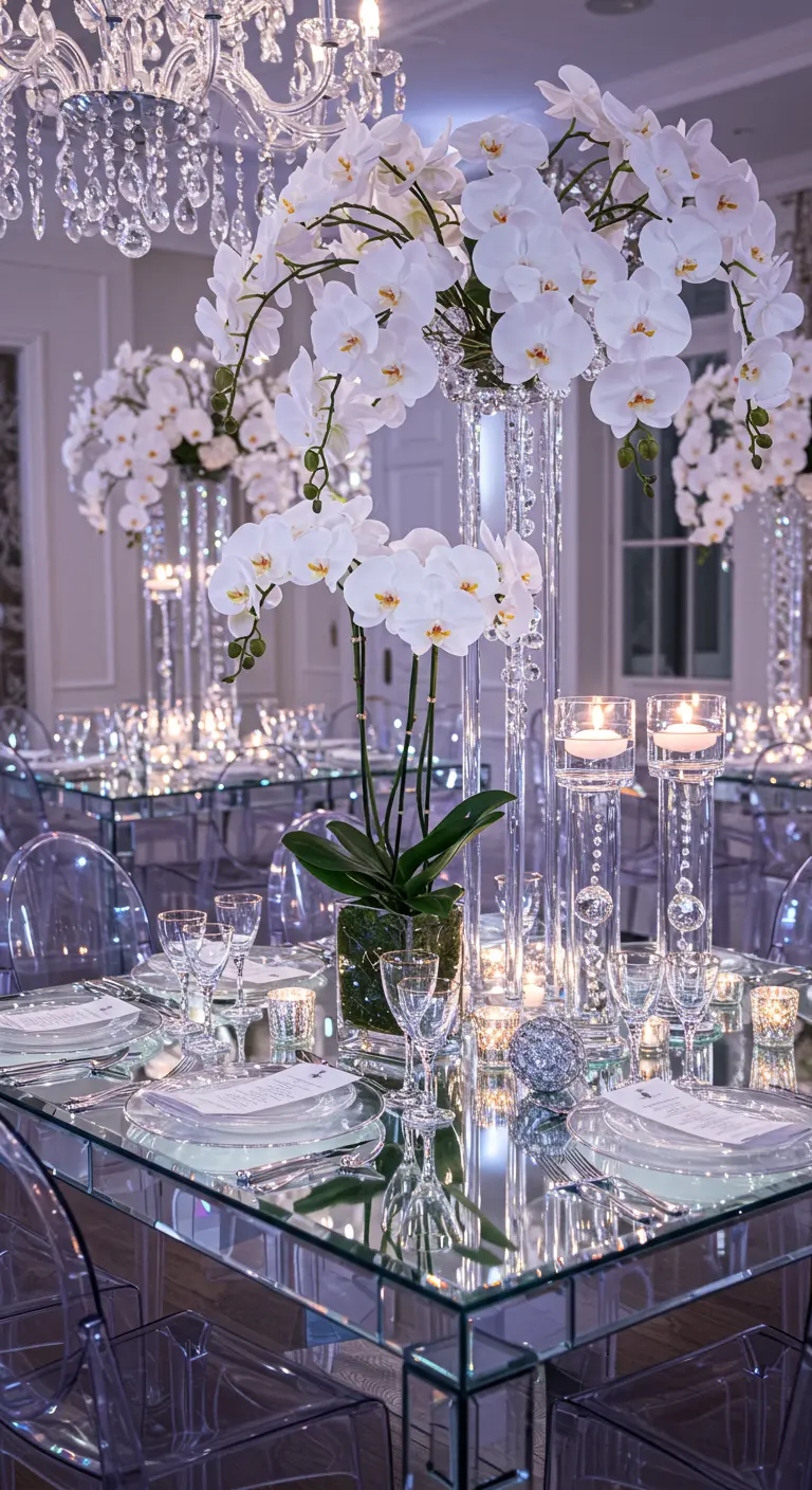 Table de réception luxueuse avec plateau miroir, chaises transparentes et hauts vases d'orchidées.