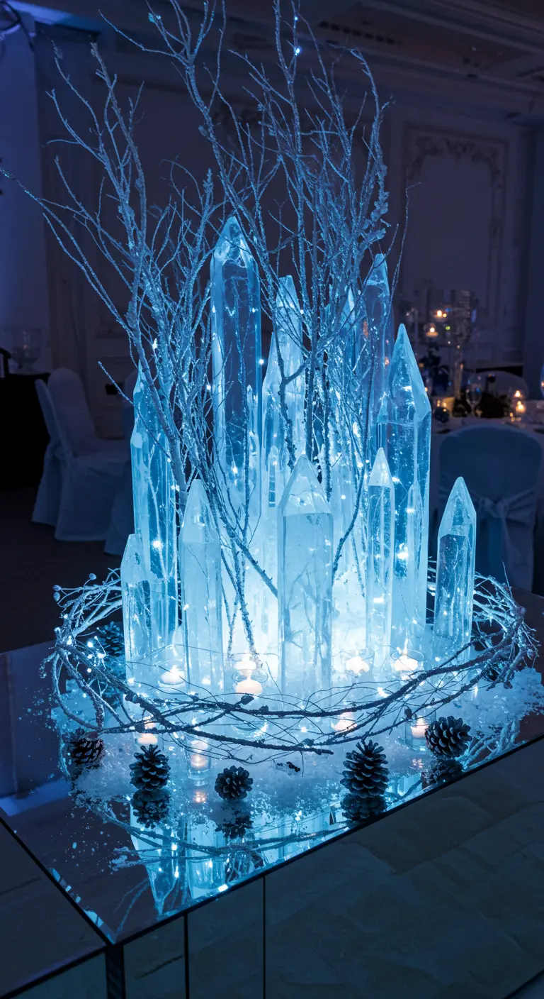 Centre de table lumineux composé de cristaux de glace artificiels et de guirlandes LED.