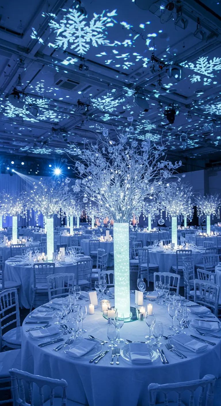 Salle de réception bleue avec projections de flocons, arbres lumineux et tables blanches.
