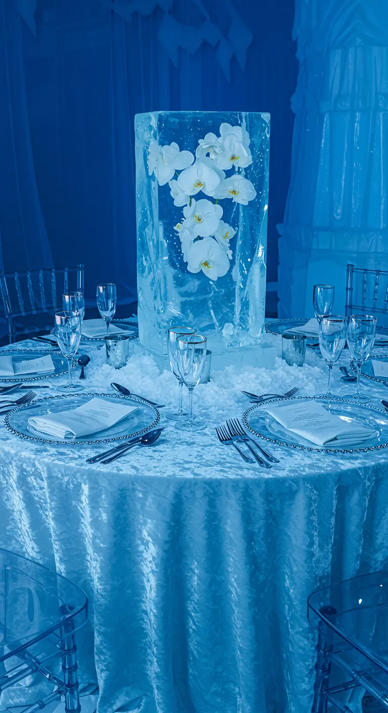 Centre de table en bloc de glace avec fleurs sur une table bleue.
