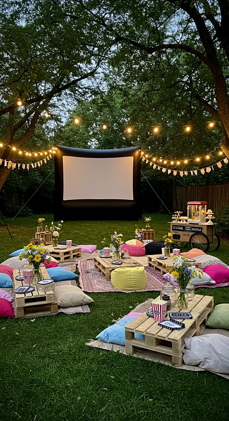 Cinéma en plein air avec des palettes en bois comme tables basses et des coussins colorés.
