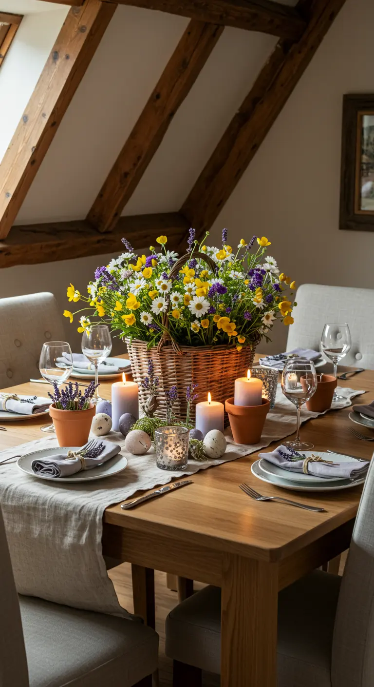 Centre de table rustique avec un panier de fleurs sauvages et pots de lavande sur une table en bois.