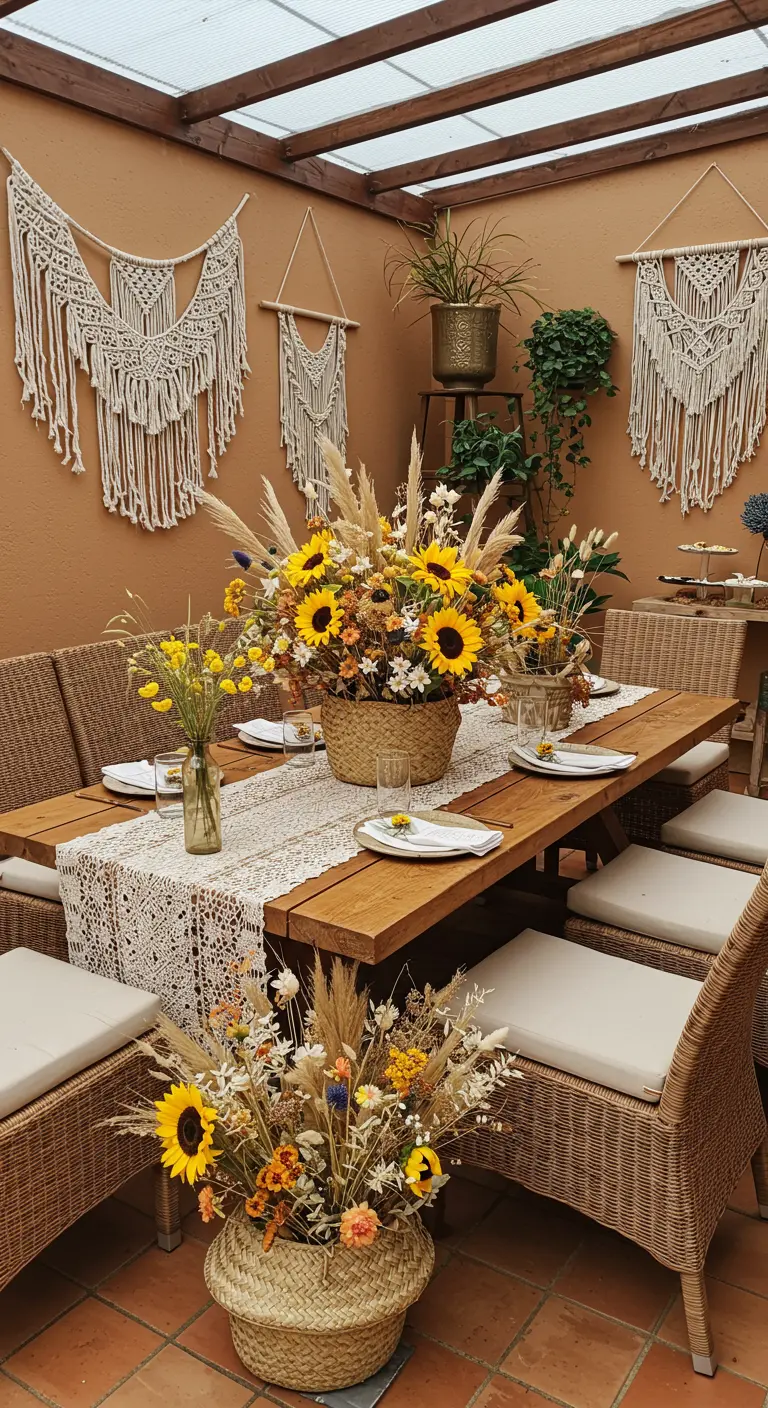 Grande table en terrasse avec d'imposants paniers de tournesols et des tentures en macramé.