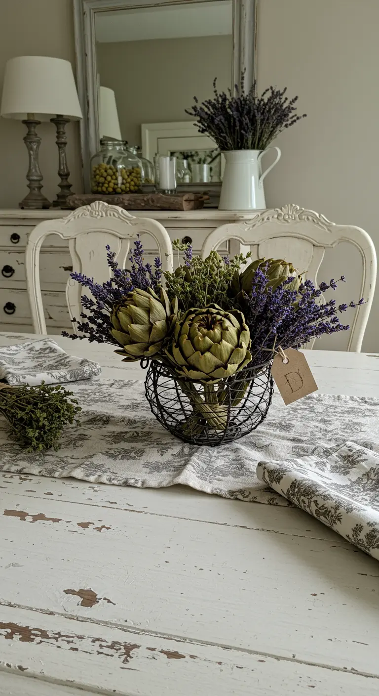 Centre de table avec des têtes d'artichaut séchées et de la lavande dans un panier en fil de fer.