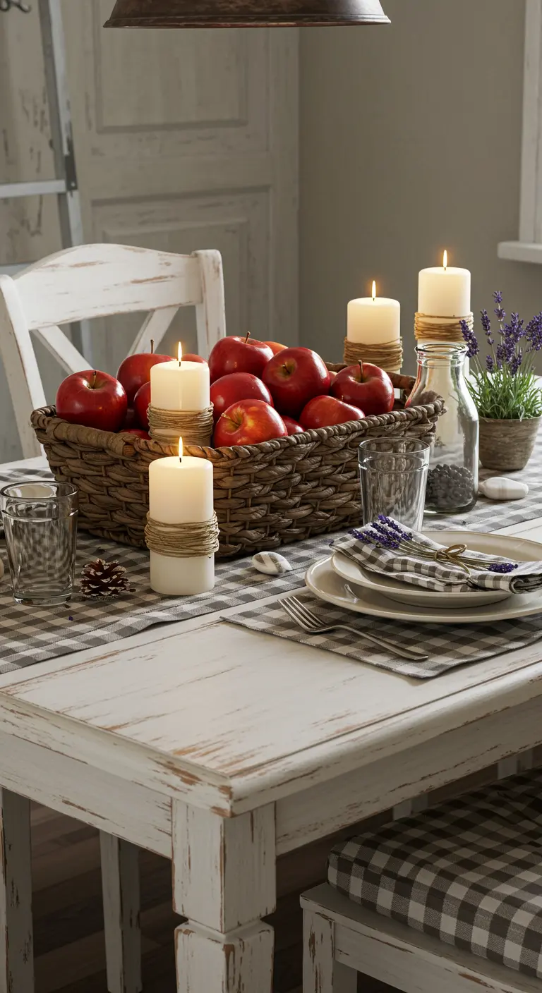 Table rustique avec panier de pommes rouges, bougies enroulées de ficelle et petits pots de lavande.