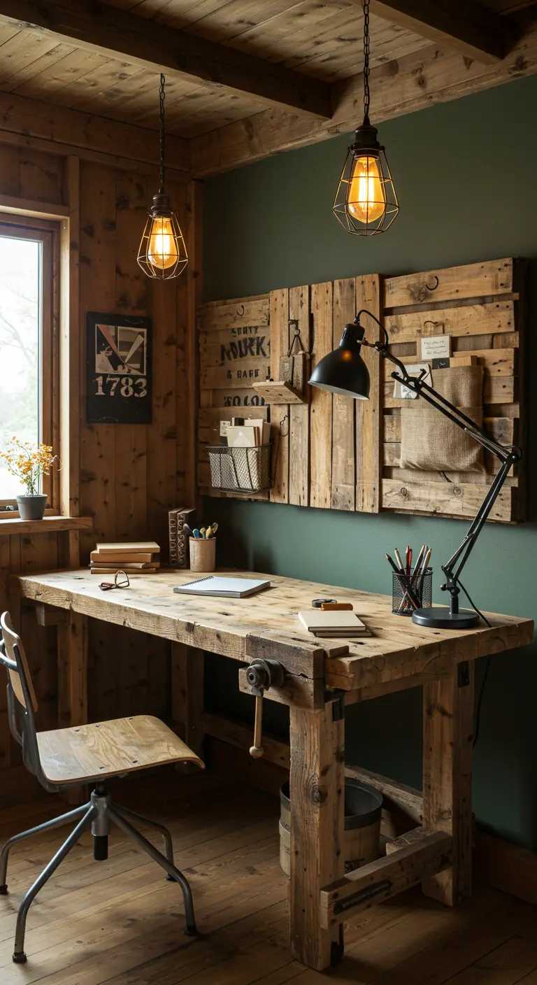 Bureau rustique en bois de palette avec mur d'organisation, lampe industrielle et chaise en métal