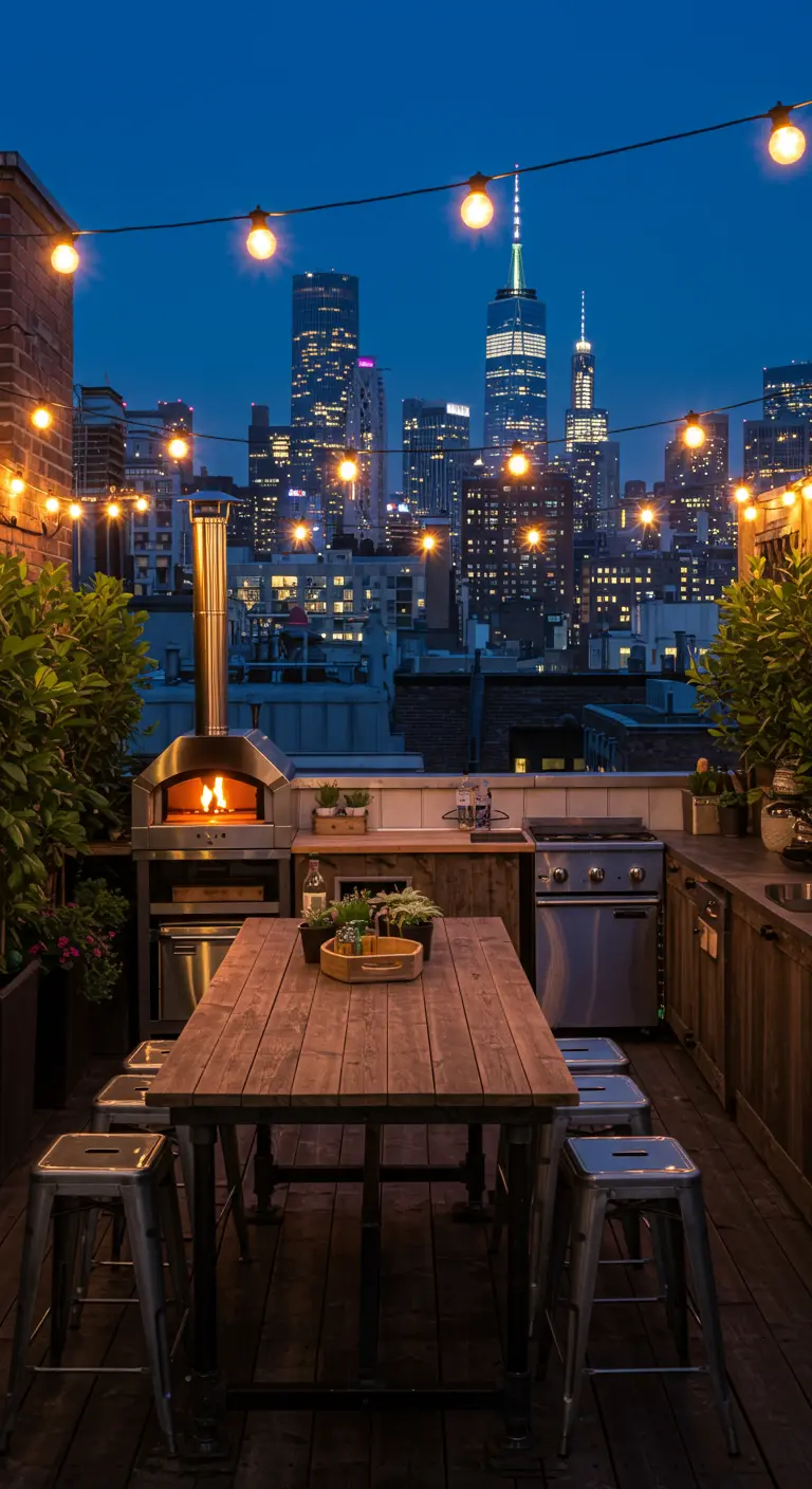 Rooftop avec cuisine extérieure, four à pizza et vue sur la skyline de la ville.