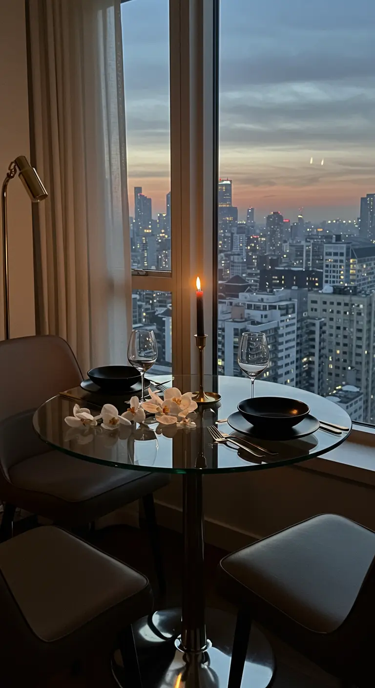 Table ronde en verre pour deux devant une baie vitrée surplombant une ville au crépuscule.