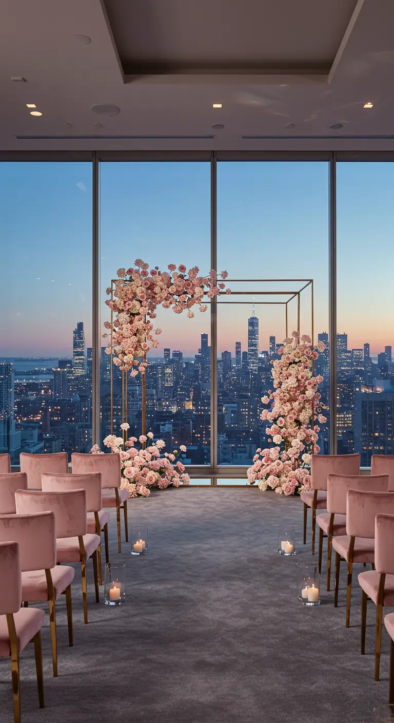Arche florale carrée rose devant une baie vitrée avec vue sur la ville.