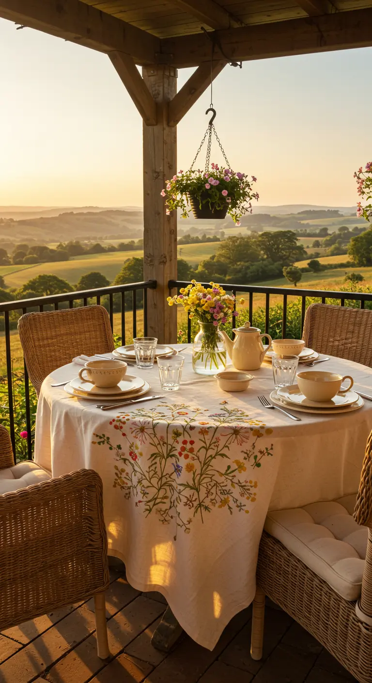 Table ronde avec nappe brodée florale, chaises en osier et vue panoramique sur la campagne.