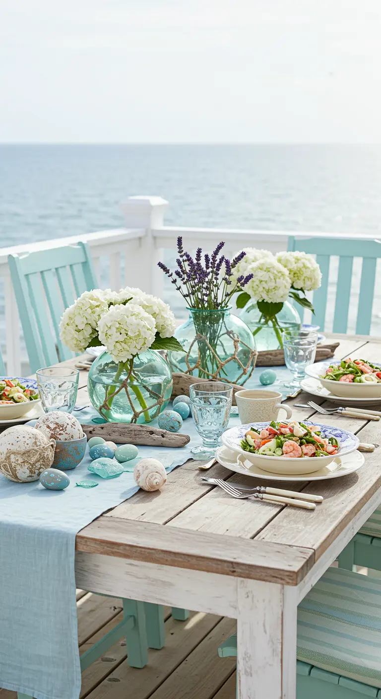 Table de Pâques en bois avec vue sur la mer, décorée d'hortensias, lavande, coquillages et textiles bleus.