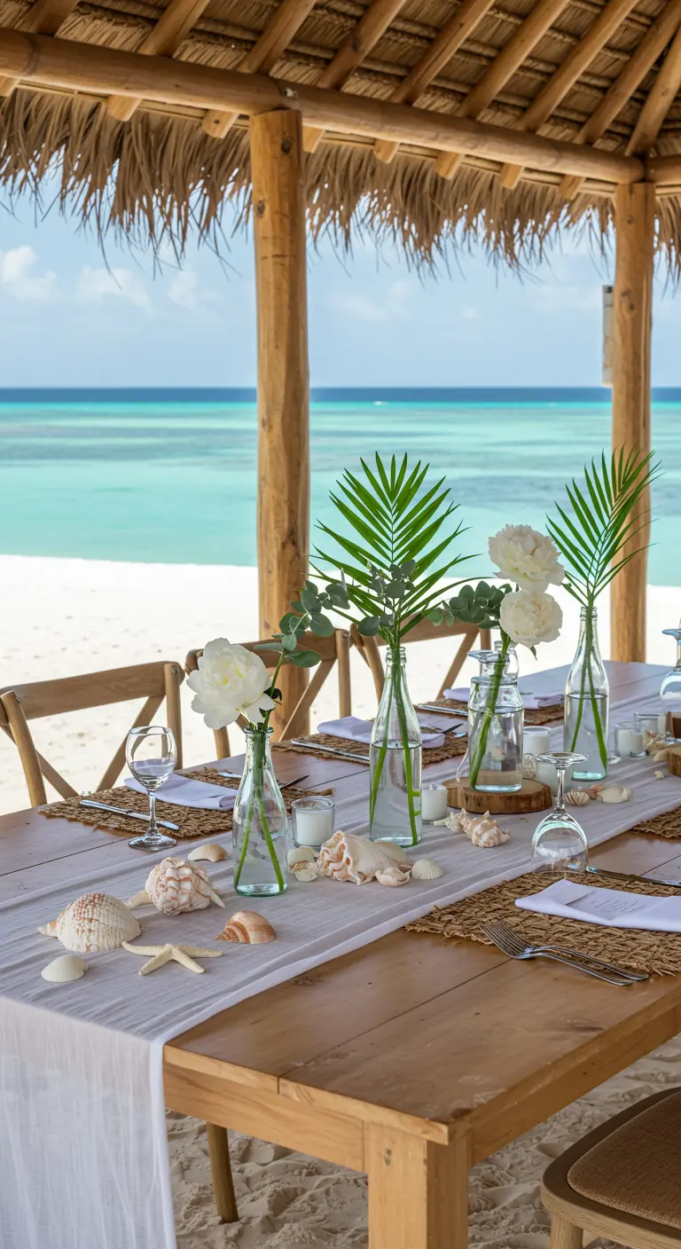 Table de mariage sur une plage sous un toit de chaume, pivoines blanches, eucalyptus et coquillages.