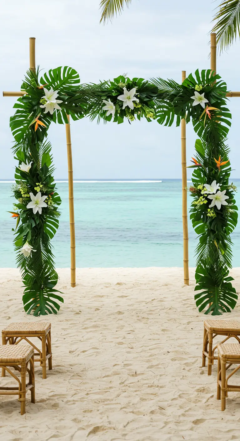 Arche en bambou avec feuilles de Monstera, palmes et lys blancs sur une plage de sable blanc face à l'océan.