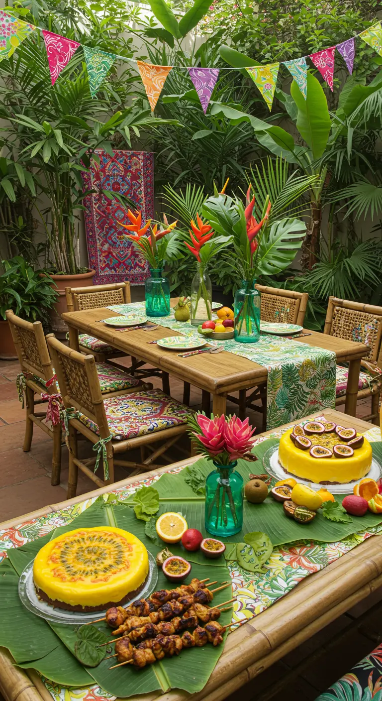 Fête sur un patio tropical avec mobilier en bambou et guirlandes colorées.