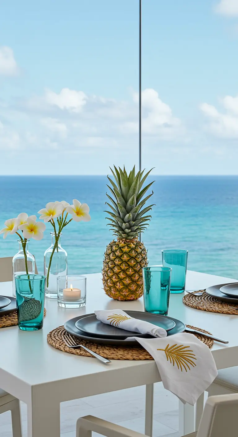 Table blanche avec un ananas, fleurs blanches, verres turquoise, vue sur l'océan, créant une ambiance sereine.
