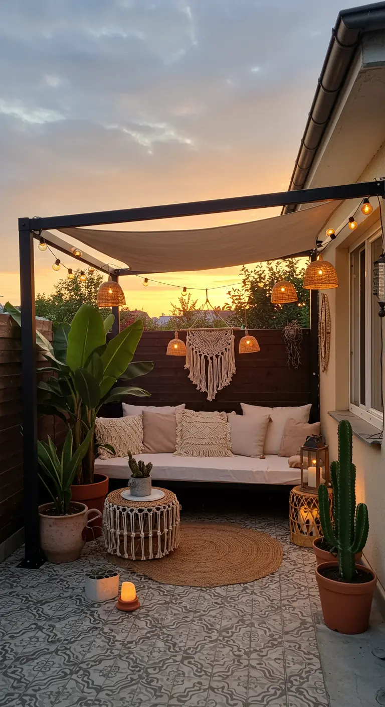 Terrasse de style bohème avec pergola, canapé, macramé et lanternes au crépuscule.