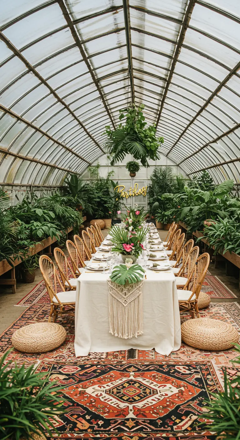 Table d'anniversaire dressée dans une serre luxuriante avec des chaises en rotin.
