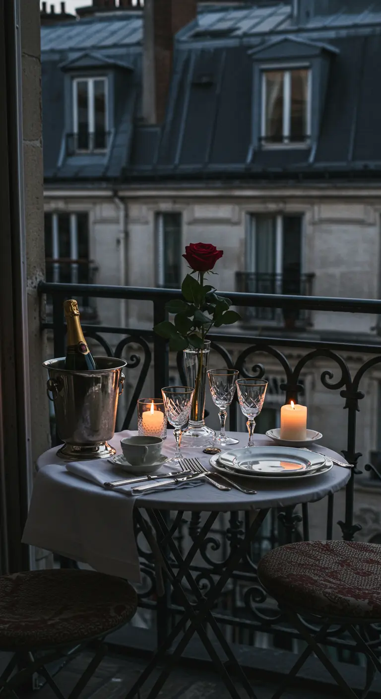 Petite table de bistrot sur un balcon parisien avec champagne, une rose et des bougies.
