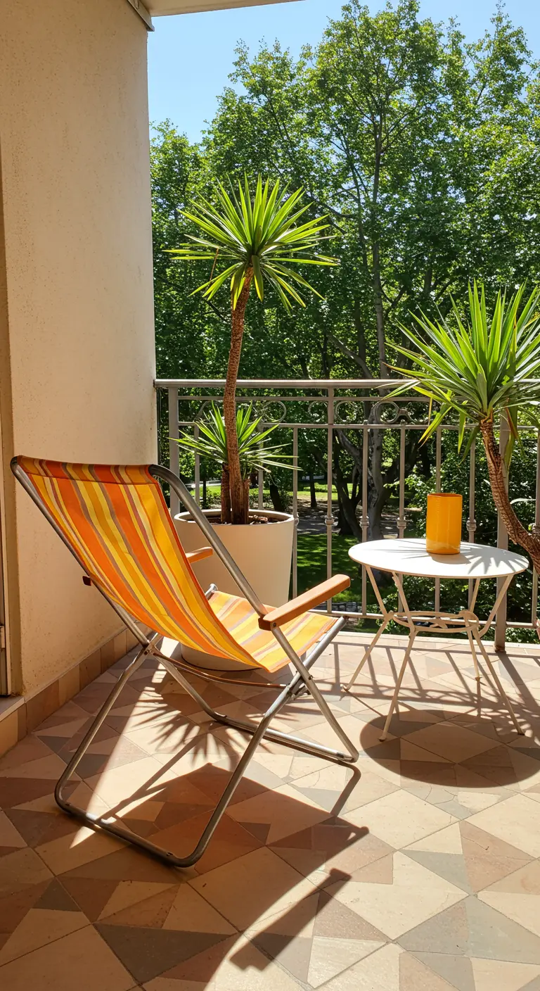 Chaise longue à rayures orange et jaunes sur un balcon ensoleillé.