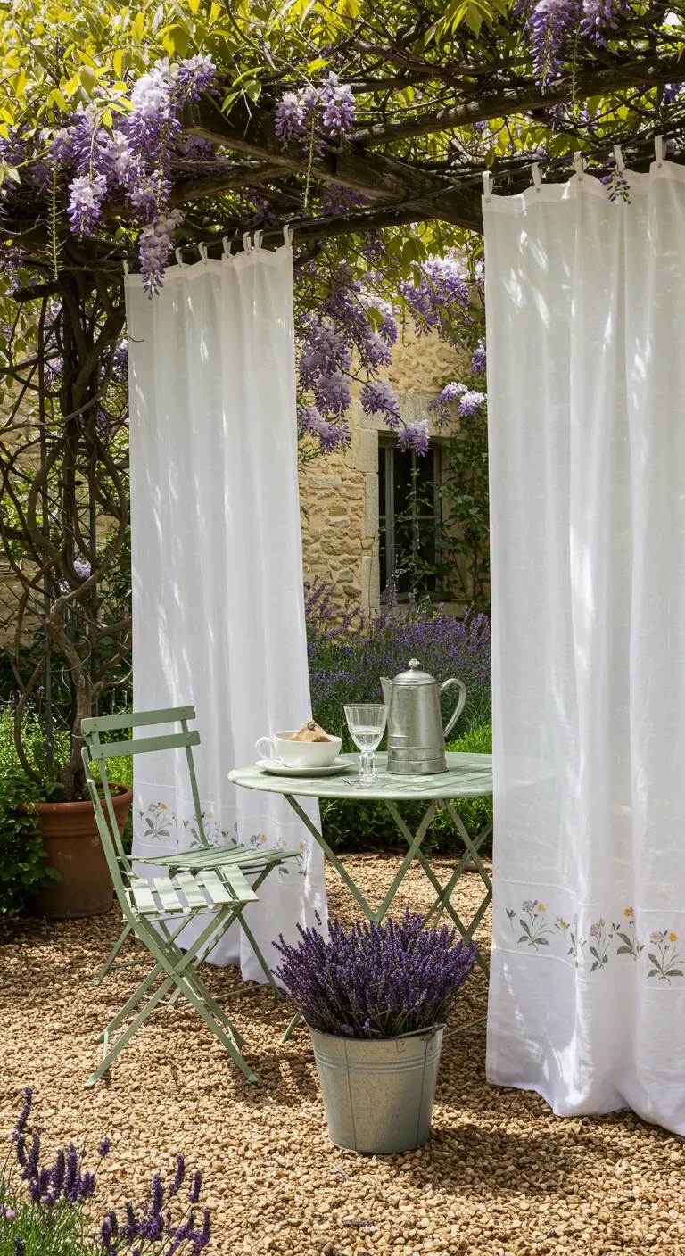 Pergola recouverte de glycine avec une petite table et des rideaux brodés