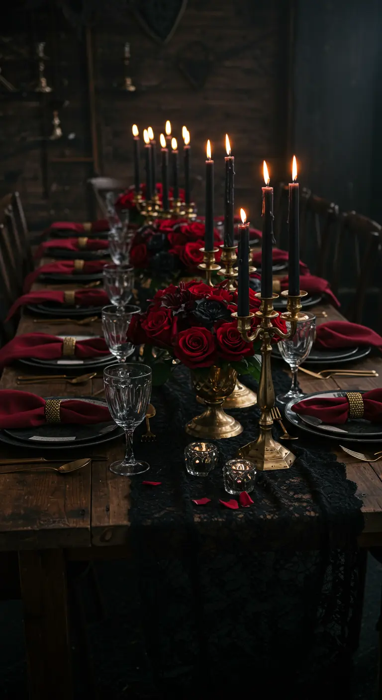 Table de fête gothique avec vaisselle noire, roses rouges et dentelle.