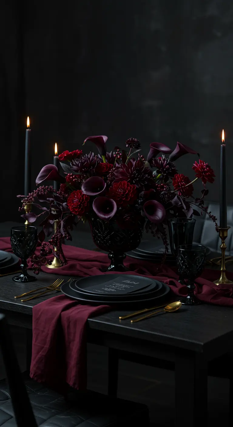 Composition florale sombre avec des dahlias et des callas pour une table de dîner gothique.