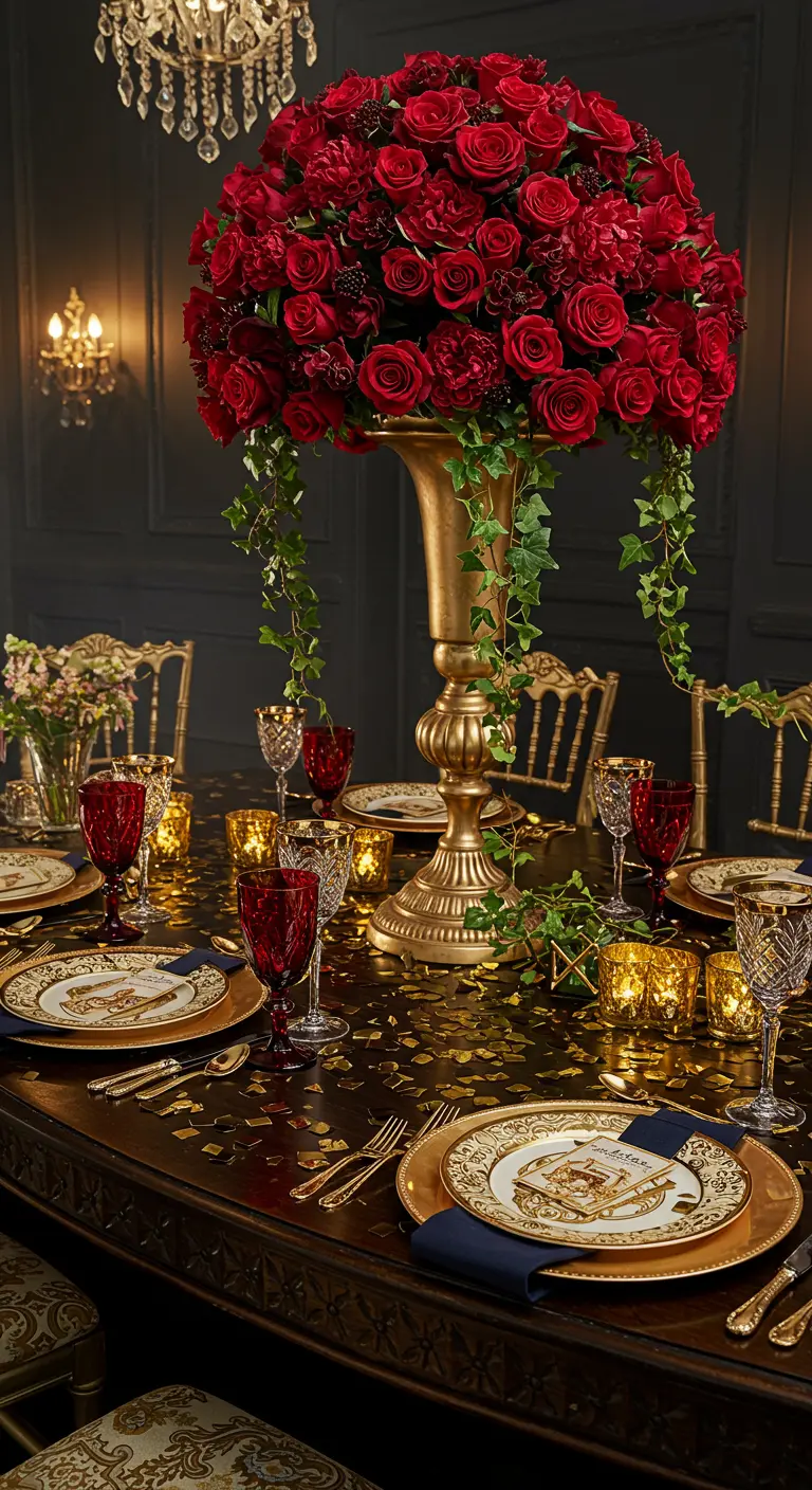 Table de dîner opulente avec un immense bouquet de roses rouges et de la vaisselle dorée.