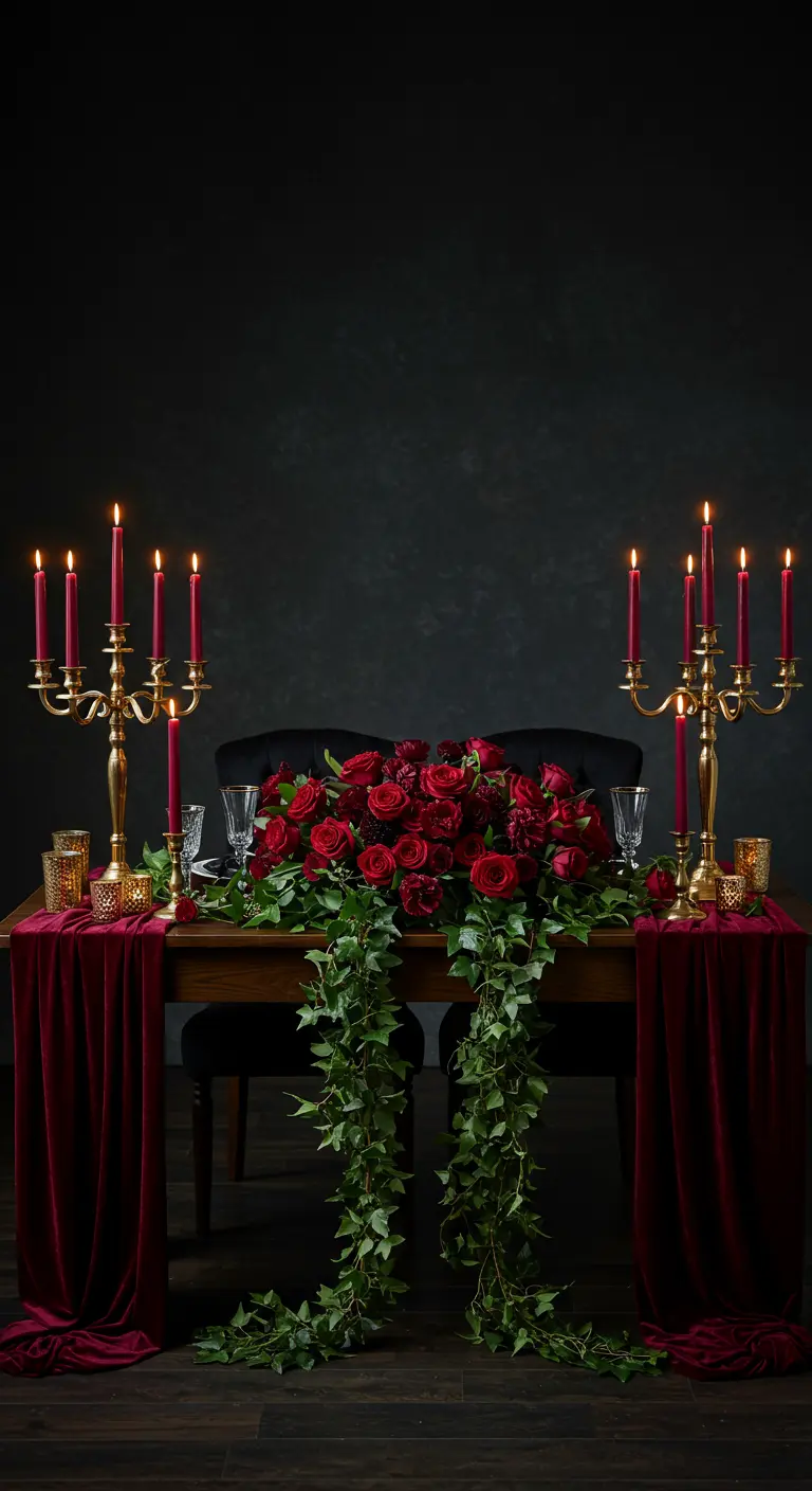 Table de dîner spectaculaire avec un centre de table de roses rouges et de lierre tombant.