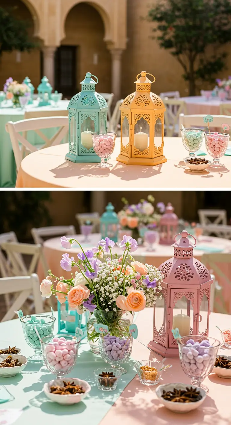 Tables pastel avec des lanternes colorées et des bonbonnières.