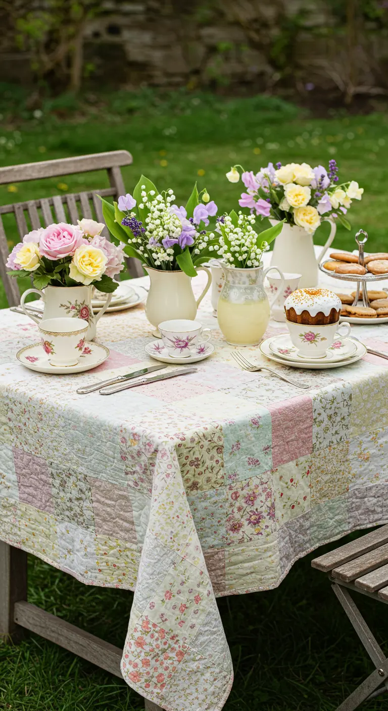 Table de Pâques extérieure avec nappe en patchwork floral, pichets fleuris, tasses vintage et pâtisseries.
