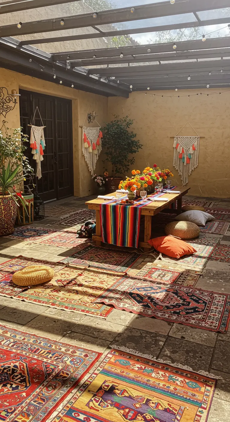 Sol d'une terrasse entièrement recouvert d'un patchwork de tapis persans.