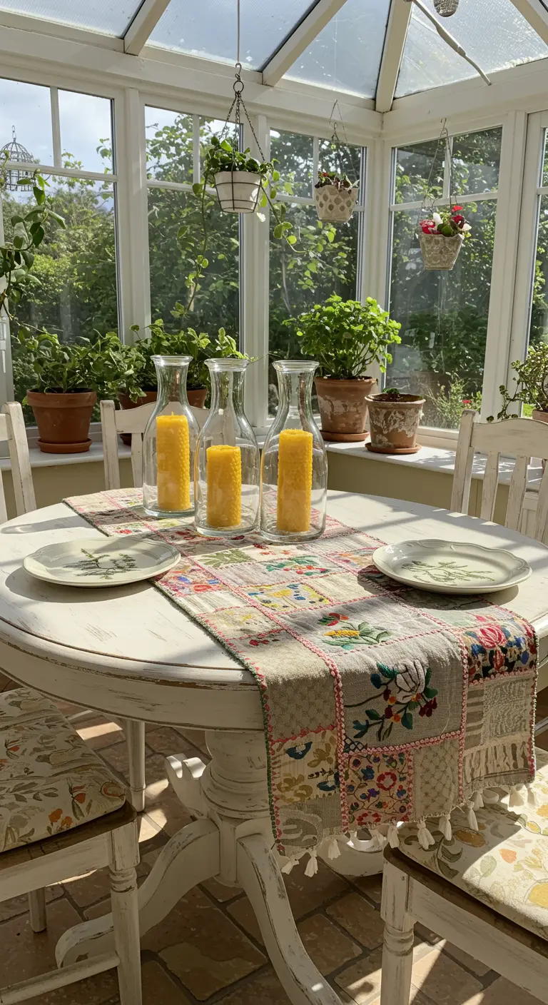 Chemin de table patchwork fleuri, bougies jaunes dans carafes en verre sur table blanche