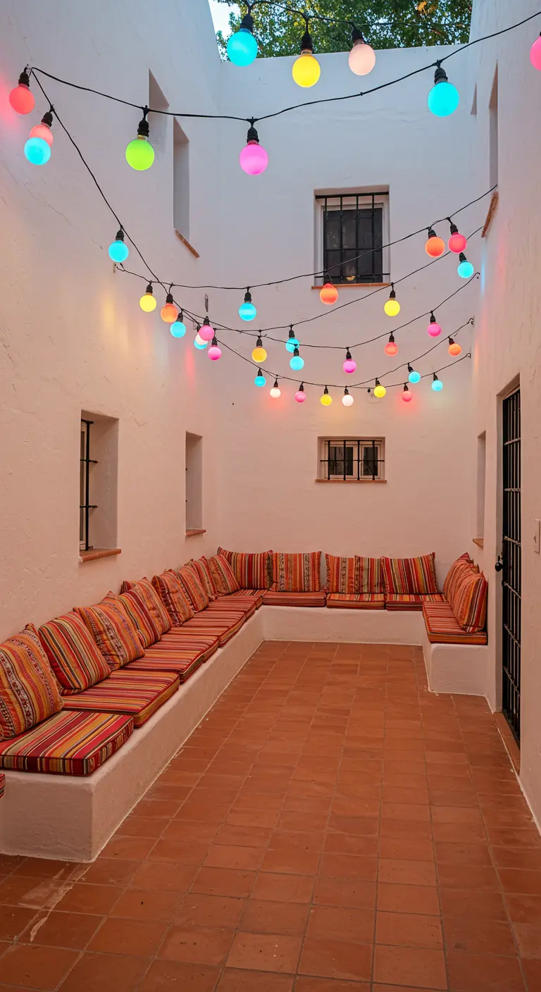 Patio blanc avec un long banc et des coussins rayés, sous des guirlandes multicolores.