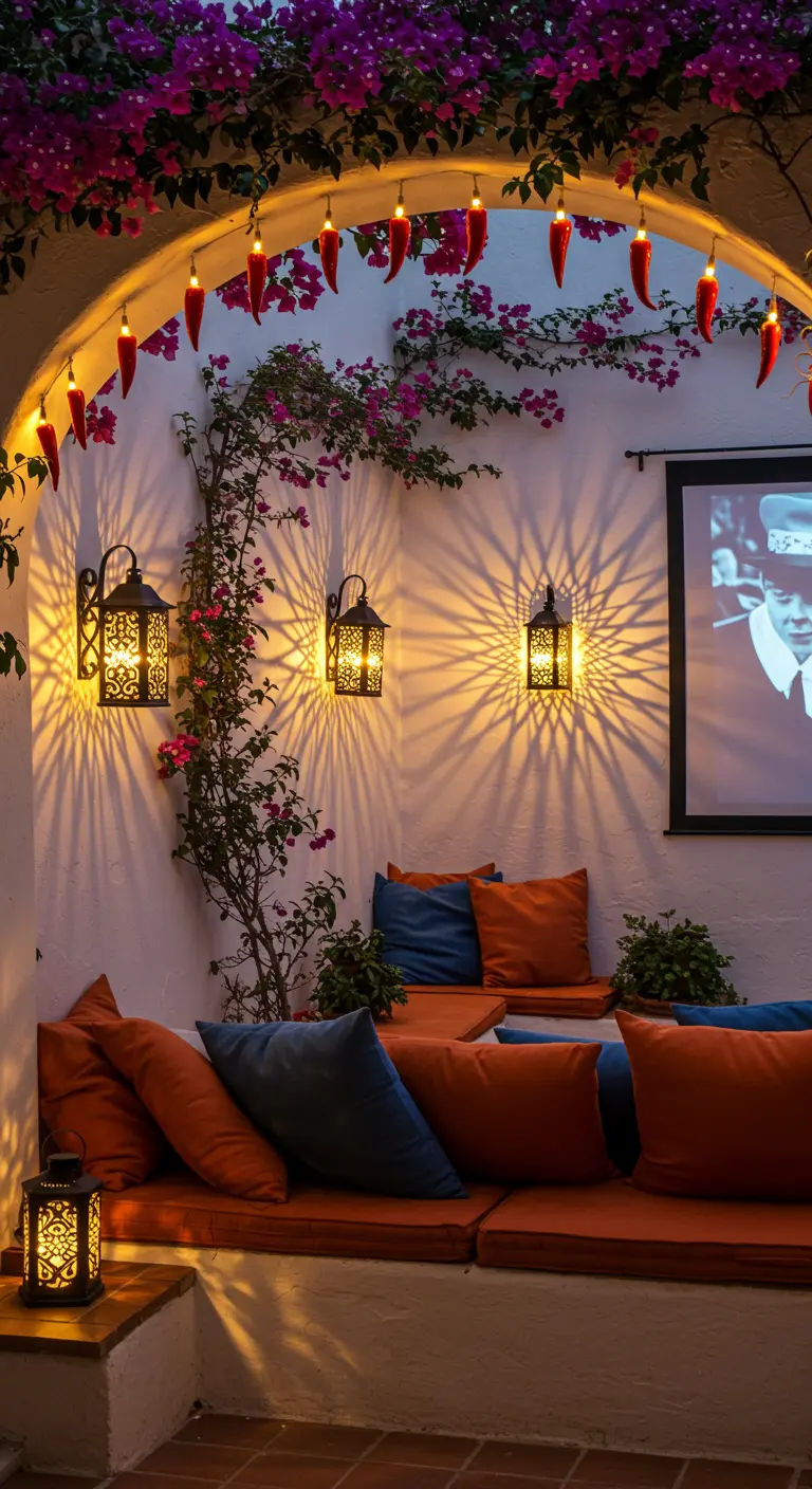Patio confortable avec lanternes murales projetant des ombres, idéal pour une soirée film.