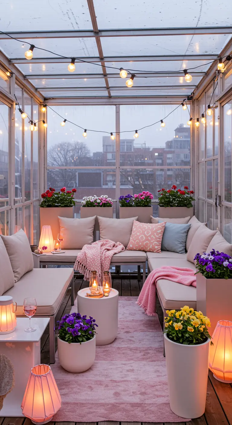 Patio couvert avec canapés extérieurs, coussins pastel, tapis rose et lanternes lumineuses.