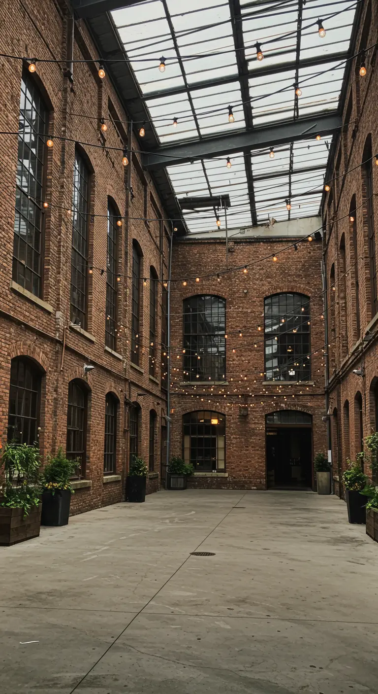 Patio intérieur en briques avec des guirlandes lumineuses suspendues au-dessus, plantes en pots.