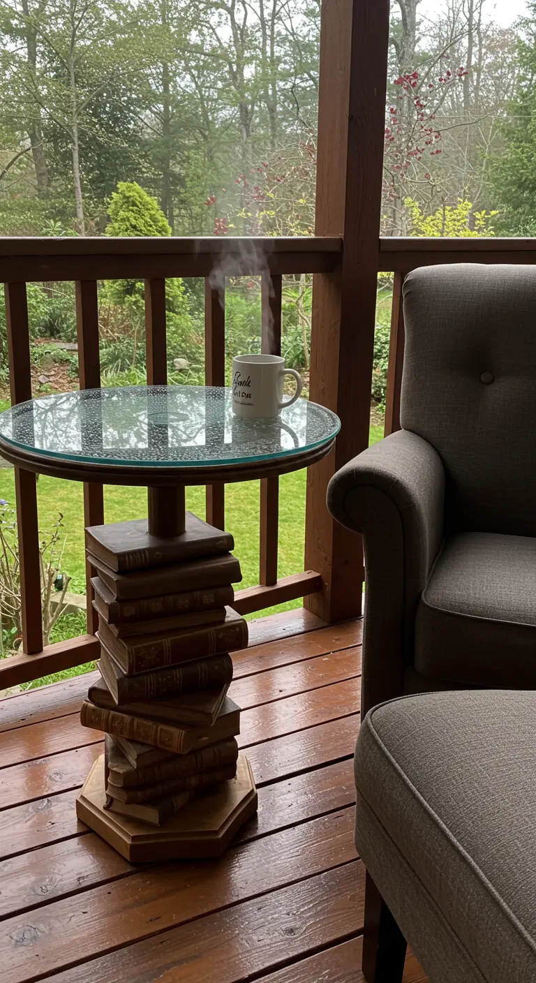 Petite table de porche avec un pied en forme de pile de livres.