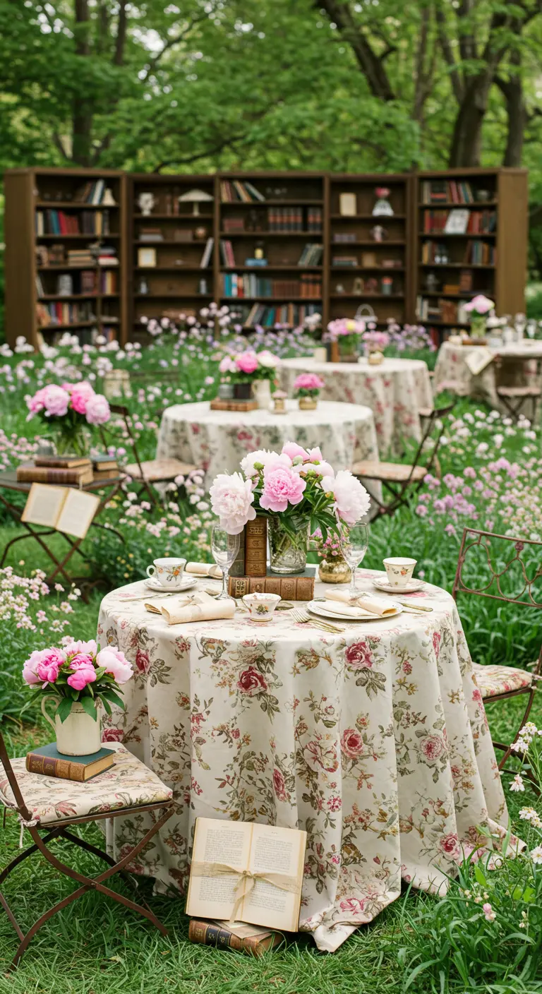 Jardin avec petites tables fleuries, livres et bouquets de pivoines roses devant une bibliothèque d'extérieur.
