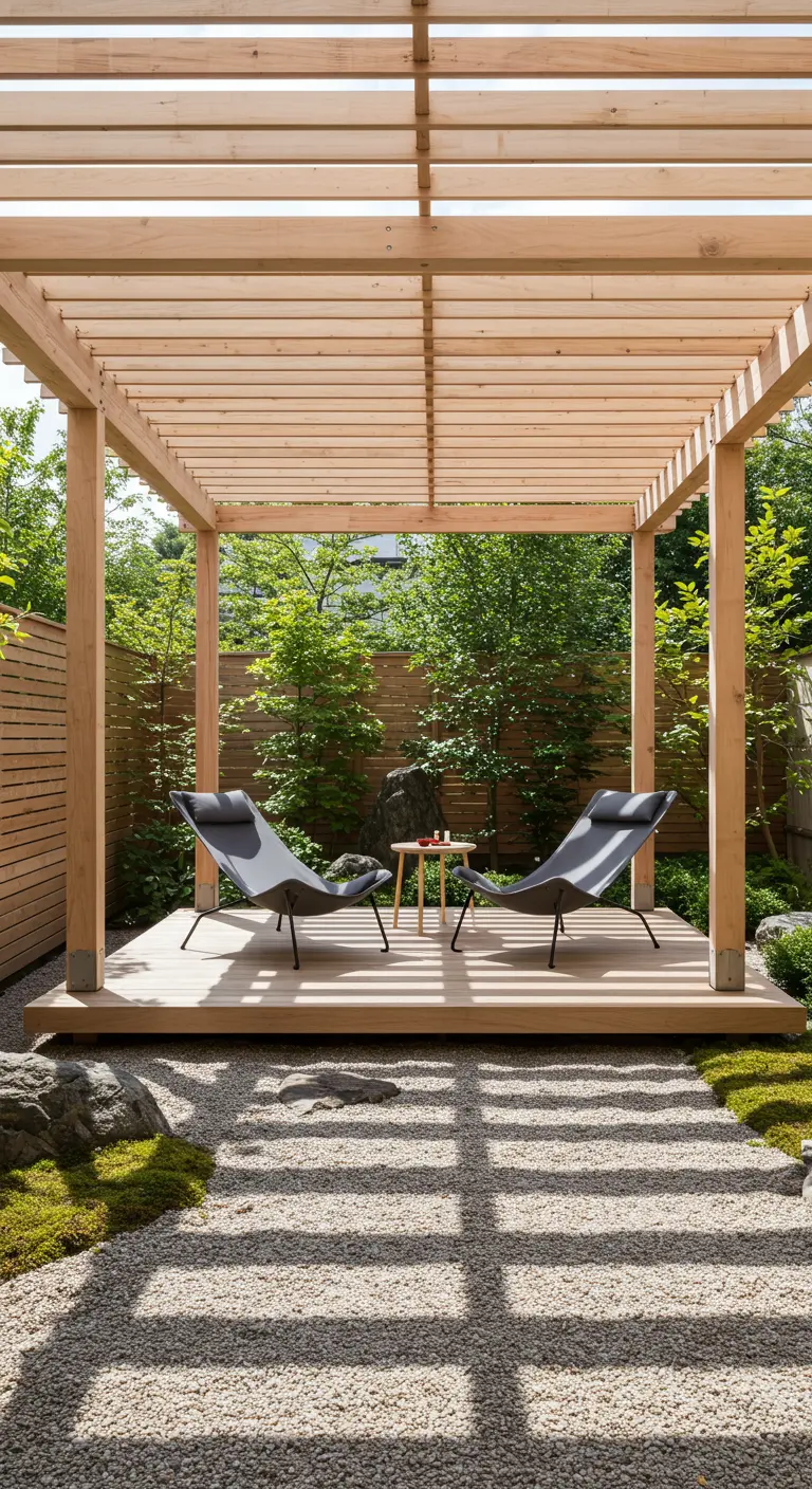 Pergola en bois sur une plateforme au milieu d'un jardin zen avec deux chaises longues.