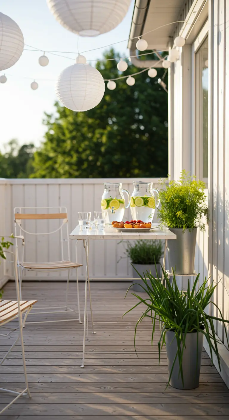Balcon blanc minimaliste avec table et chaises pliantes, lampions blancs et herbes en pot.