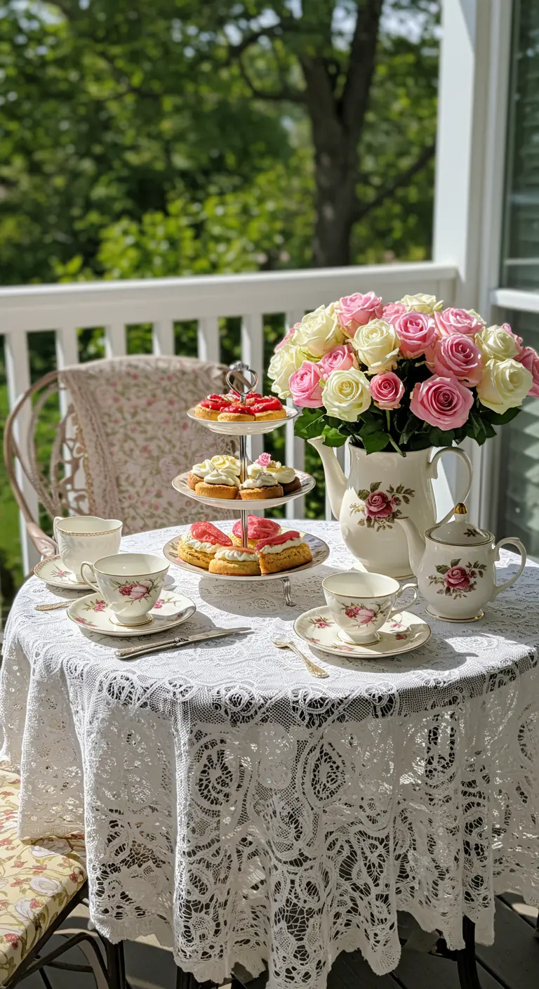 Table de thé sur un balcon, avec nappe en dentelle, bouquet de roses et pâtisseries.