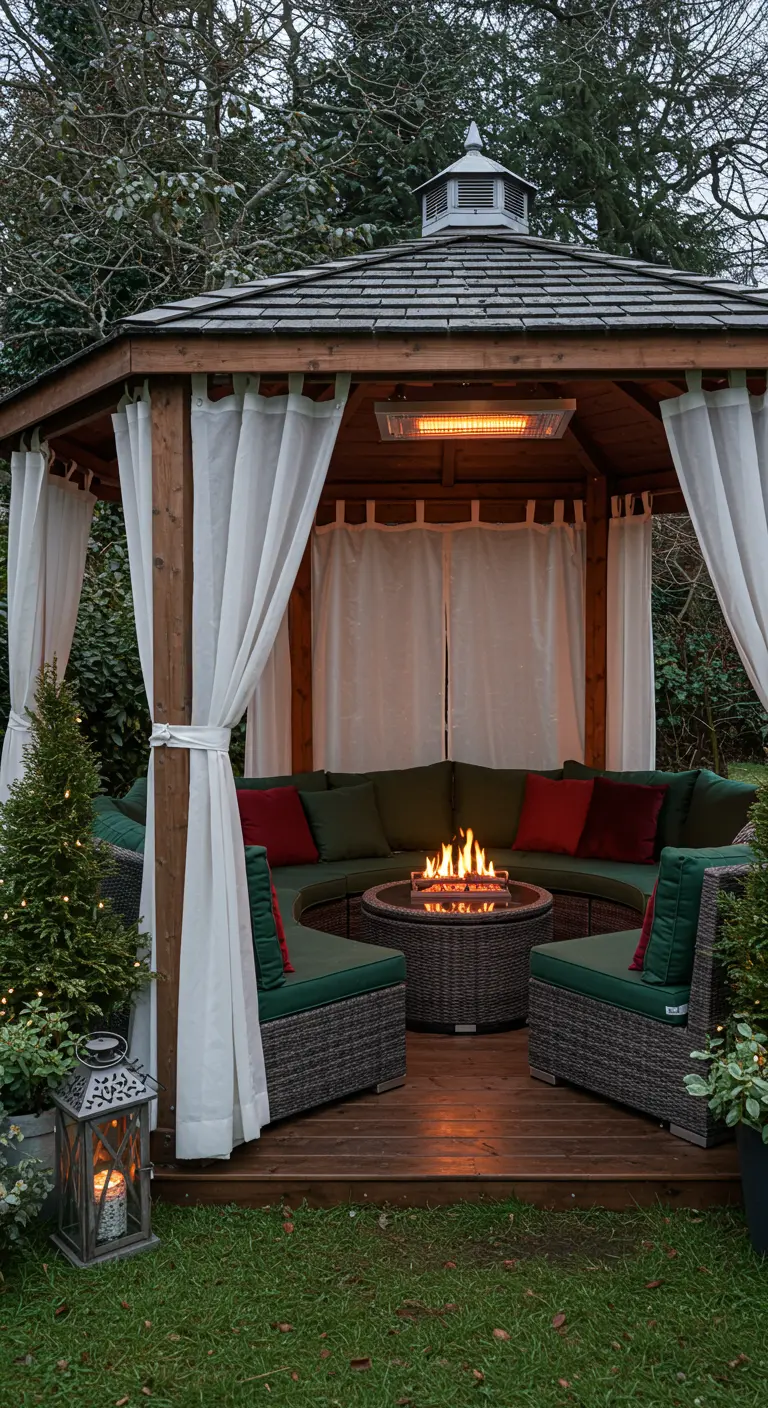 Kiosque de jardin avec chauffage infrarouge, canapé circulaire et brasero central.