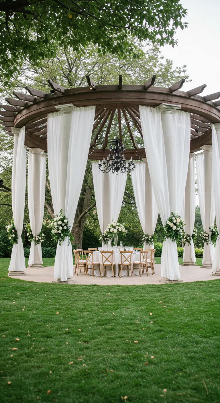 Grande pergola circulaire décorée pour un mariage avec des rideaux et des fleurs