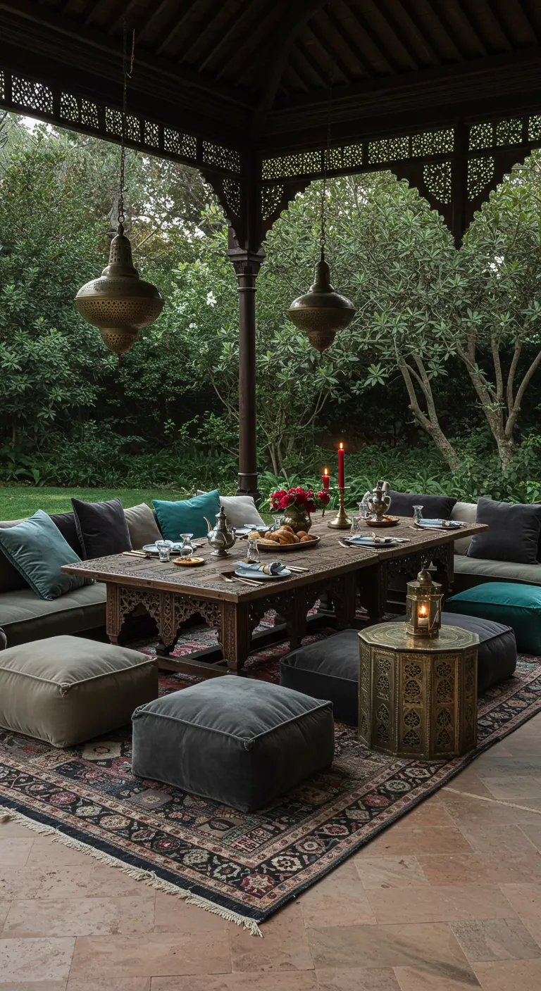 Pavillon de jardin marocain avec table sculptée, banquettes, coussins verts/gris et lanternes en métal.