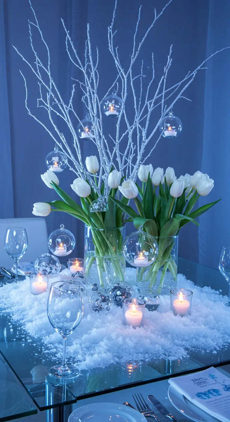 Centre de table avec neige artificielle, tulipes blanches, branches blanches et bougies suspendues.