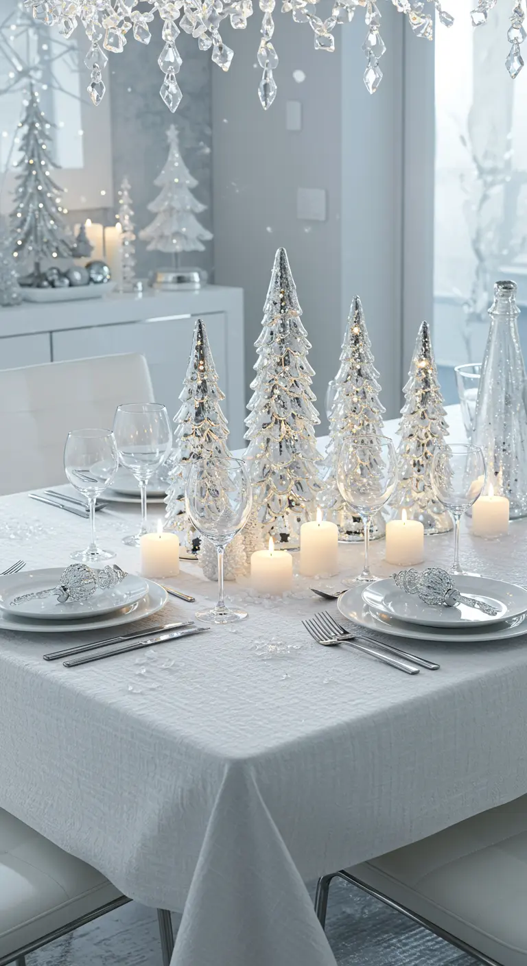Table de fête monochrome blanche avec des sapins en verre argenté et des bougies blanches.
