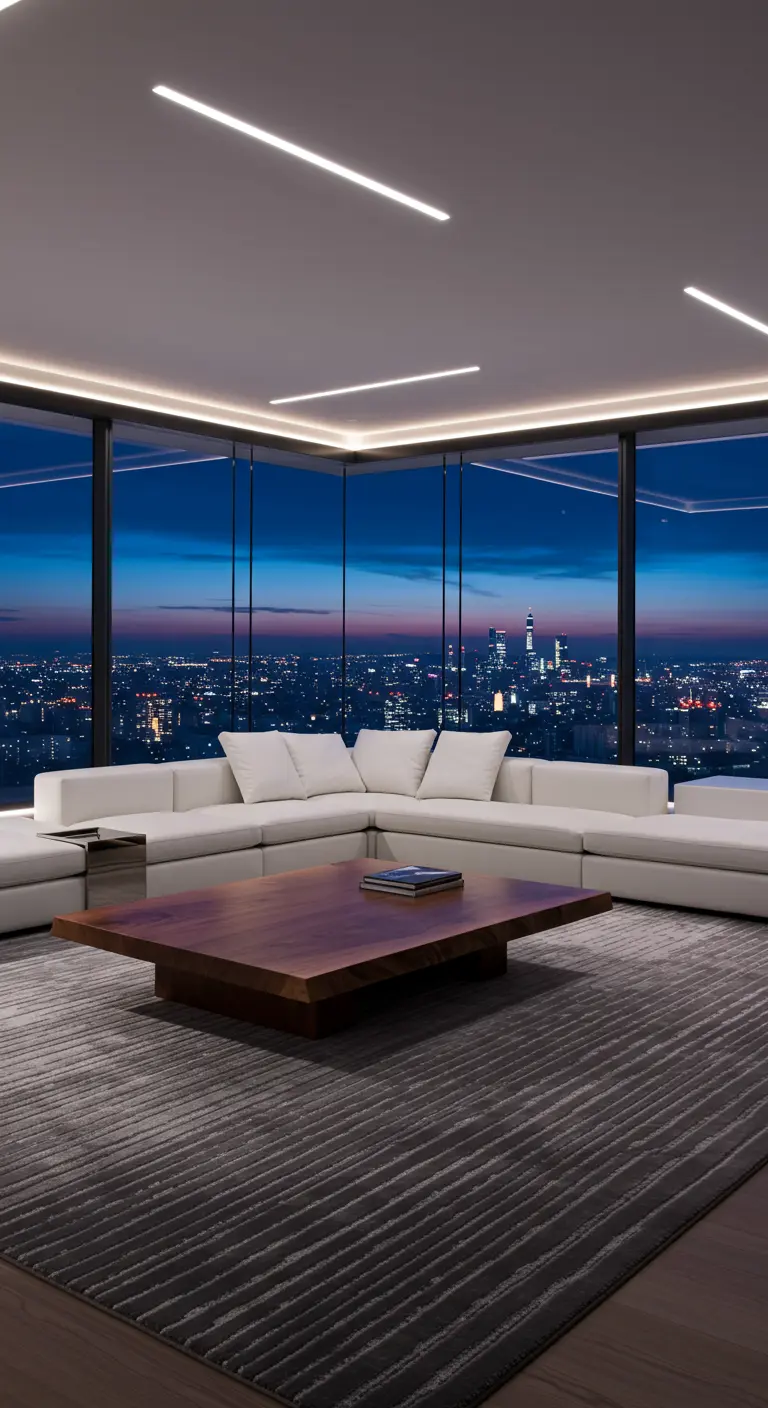 Salon de luxe dans un gratte-ciel avec vue panoramique, canapé blanc et immense table basse en bois.