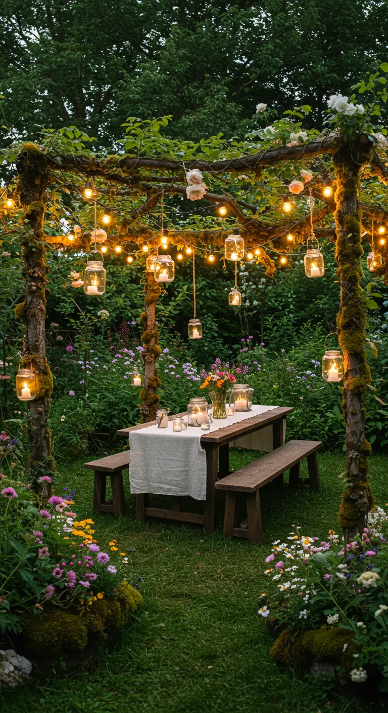 Pergola en bois couverte de verdure et de guirlandes lumineuses, bocaux suspendus, table et bancs en bois.