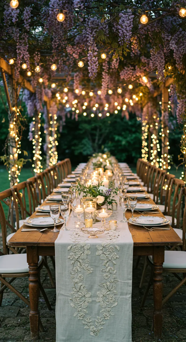 Longue table en bois sous pergola de glycine lumineuse, chemin de table brodé, bougies.